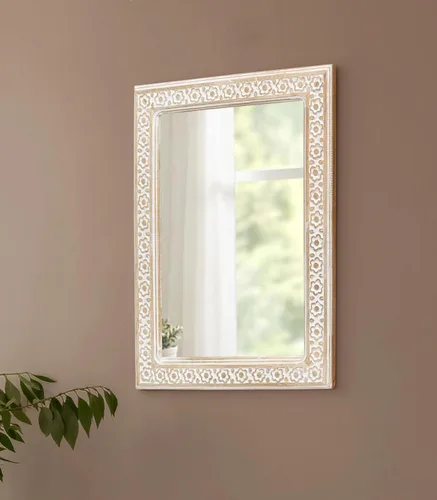 Vista 23 de Espejo de pared, espejo de tocador con marco de madera maciza, espejo de pared decorativo de granja para baño, dormitorio, sala de estar y entrada