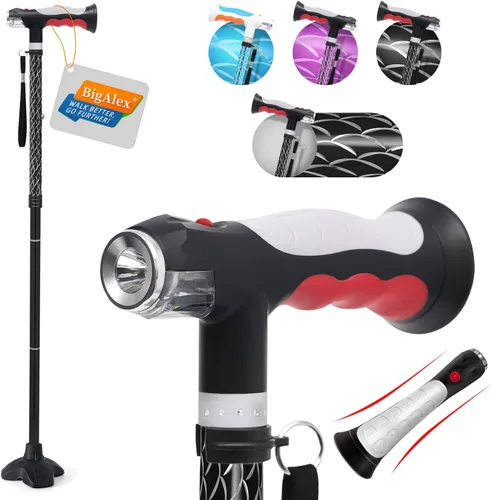 Vista 13 de BigAlex Bastón plegable con dos luces LED para ancianos, base sólida, bastón ajustable con bolsa de transporte para hombres y mujeres Negro