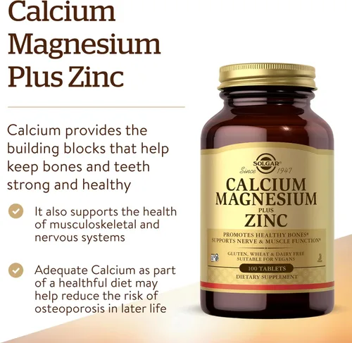 Vista 3 de Solgar Calcio y magnesio más zinc, 100 tabletas, promueve huesos y dientes saludables, apoya la función nerviosa y muscular, sin OMG, vegano, sin