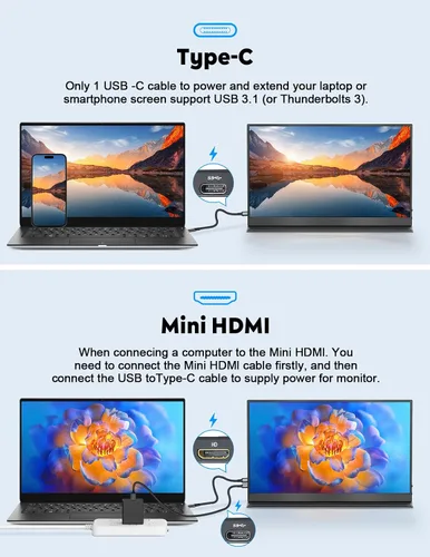 Vista 6 de HONGO Monitor portátil con soporte 15.6 pulgadas, extensor de pantalla para portátil 1080P FHD para USB C hdmi pantalla portátil Vesa compatible
