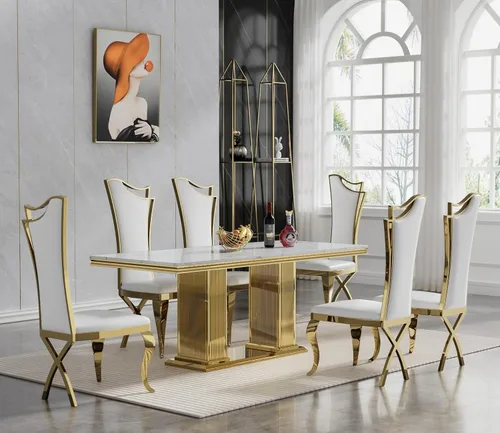 Vista 8 de Mesa de comedor de mármol blanco de 70 pulgadas para 4 a 6, moderna mesa de cocina rectangular de mármol sintético con base de doble columna