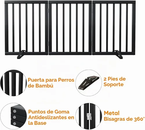 Vista 4 de Puerta plegable negra para mascotas de 18-55 pulgadas para escaleras y puertas, valla de puerta para cachorros Bamboo Dog Gate Negro