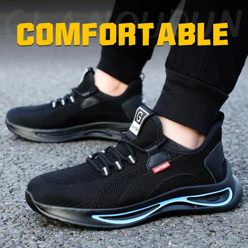 Vista 4 de GLANOUDUN Zapatos de punta de acero para hombre, zapatos de trabajo ligeros para hombres, zapatos de trabajo negros con punta de acero, zapatos
