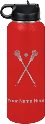 Vista 8 de LaserGram Botella de agua personalizada, palitos de lacrosse, acero inoxidable de doble pared aislada al vacío con popote superior, regalo grabado