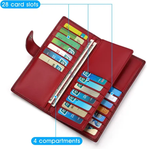 Vista 4 de Cartera de piel auténtica para mujer con bloqueo RFID, Rojo oscuro, Plegar y Negocios