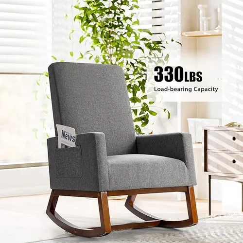 Vista 5 de MEDIMALL Cómoda mecedora, sillón moderno de tela con base de madera, bolsillo lateral, asiento acolchado de lino, adecuado para sala de estar
