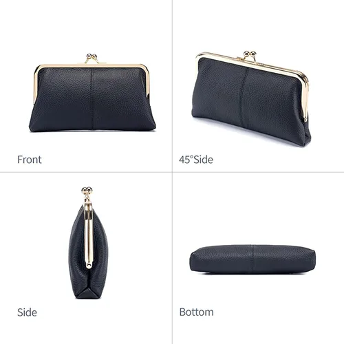 Vista 4 de Vintage Kiss Lock Cartera de cuero genuino para las mujeres múltiples ranuras para tarjetas de viaje bolso de embrague, Negro -, Vintage