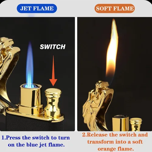 Vista 4 de Encendedor de dragón, único encendedor de antorcha conmutable, llama suave/chorro, butano, recargable, regalo creativo para hombres (sin combustible)