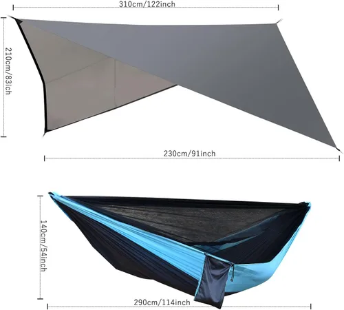 Vista 5 de Hamaca de campamento con red de mosquitos, toldo impermeable, correas de árbol de nailon resistentes, paracaídas, hamaca individual o doble, tienda