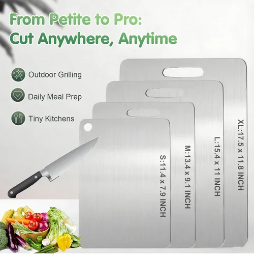 Vista 8 de Tabla de cortar de titanio, nuevas tablas de cortar de titanio 100% puro para cocina, tabla de cortar de metal de alimentos de doble cara,