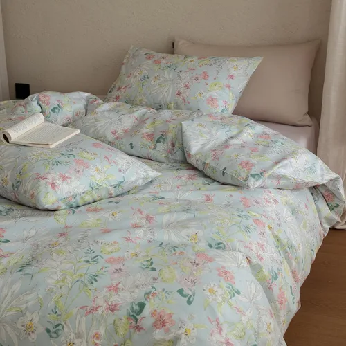 Vista 35 de Juego de funda de edredón blanca con estampado floral azul, juego de ropa de cama de algodón suave estilo bohemio, juego de ropa de cama estética