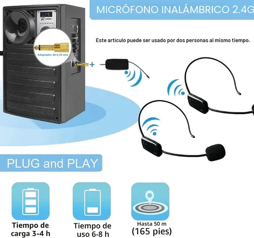 Vista 2 de Sistema de micrófono inalámbrico para 2 personas, micrófonos de auriculares inalámbricos duales de 2.4G, ideal para oradores, amplificador de voz