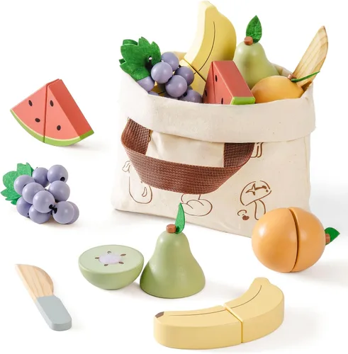Vista 12 de ROBOTIME Juego de comida de madera 4 en 1, juego de juguete de simulación para jugar cocina con bolsa de compras, accesorios de cocina para niños