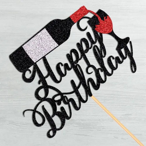 Vista 3 de Decoración para pastel de cumpleaños con texto en inglés «Happy Birthday» de vino tinto para celebrar suministros de fiesta de cumpleaños