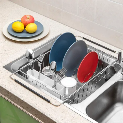 Vista 9 de SANNO Escurridor de platos expandible para fregadero o en el mostrador, organizador de cubiertos de acero inoxidable, organizador de cestas