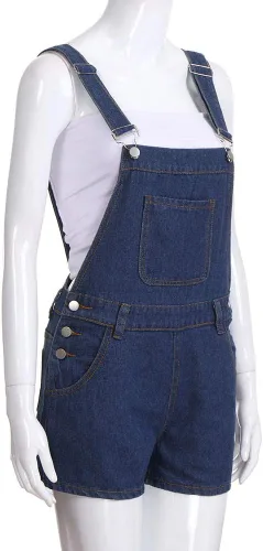 Vista 3 de JOFOW Enterizo corto de mezclilla para mujer, con bolsillo sólido, holgado, cintura alta, casual, holgado, a la moda