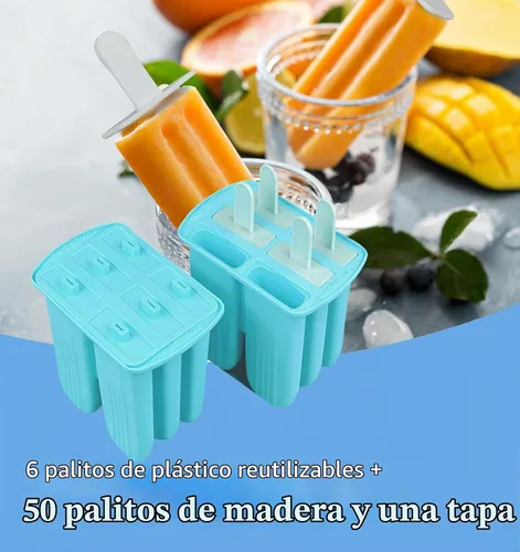 Vista 2 de Moldes de silicona para paletas con palillos, 6 cavidades, molde para helado con cepillo limpio, 6 palitos reutilizables, 50 palitos, 50 bolsas Azul