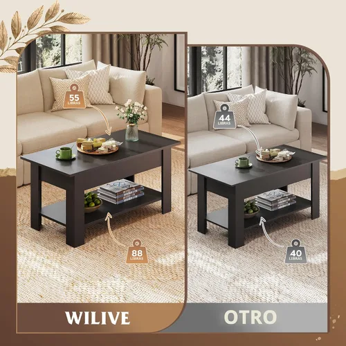 Vista 7 de WLIVE Mesa de Centro, Mesa de Centro de 39" con Tapa Elevable con Compartimento Oculto, Estante de Almacenamiento y Tapa Elevable para Hogar, Sala