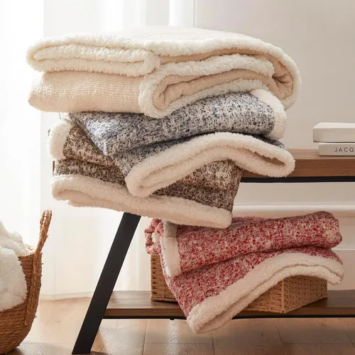 Vista 2 de SE SOFTEXLY Manta reversible de sherpa con 30% lana y 70% algodón, manta suave y esponjosa, manta de otoño e invierno para sofá, cama, silla