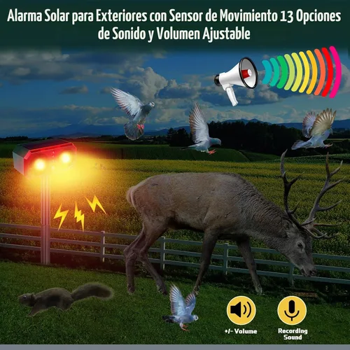 Vista 4 de Qualirey - 2 unidades de alarma solar con sensor de movimiento para exteriores con estaca disuasorio de animales, sensor de ladridos de perro, 13