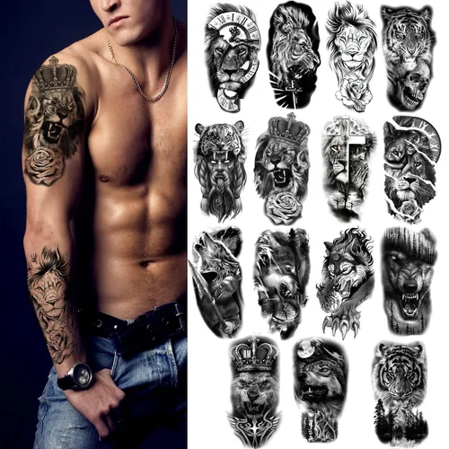Vista 2 de Tatuajes temporales de animales, 15 hojas de tigre negro león lobo tótem adulto tatuajes temporales, tatuajes falsos hombres