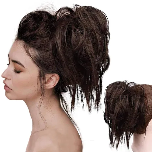 Vista 29 de HMD - Extensiones de cabello tipo chongo alborotado con rodelo despeinado, banda elástica de goma, extensiones de cabello sintético para mujer