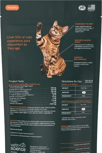 Vista 14 de VetriScience Laboratories GlycoFlex 3, Suplemento para cadera y articulaciones de gatos, 60 pastillas de tamaño masticable