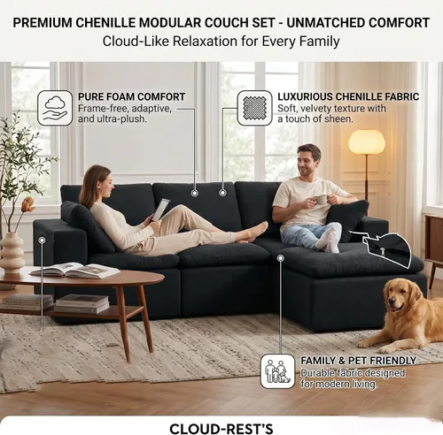 Vista 4 de Sofá de nube sin hueso de 106 pulgadas, sofá modular en forma de L, sofá de sala de estar de espuma viscoelástica en una caja, tela de chenilla,