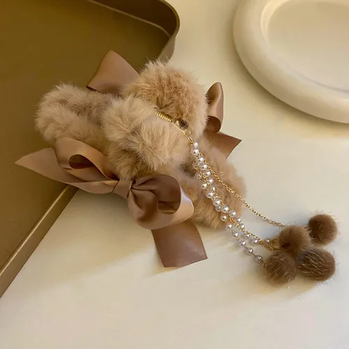 Vista 4 de Jumwrit Pinzas para el cabello con mandíbula de plátano peludas con lazos, borlas de perlas y fijación fuerte para mujeres y niñas, accesorios