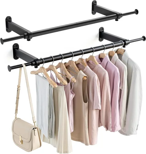 Vista 8 de Luxspire Perchero de ropa para montar en la pared, perchero de tubería industrial, barra de ropa de hierro extensible resistente de 28 pulgadas