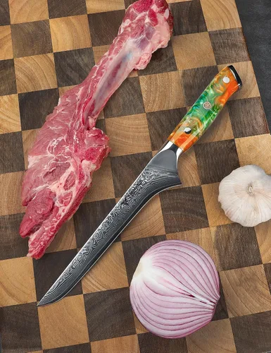 Vista 5 de Cuchillo de filete de 7 pulgadas, VG10 Damasco cuchillo para deshuesar peces con mango de resina - Serie Xuan (naranja fantasía)