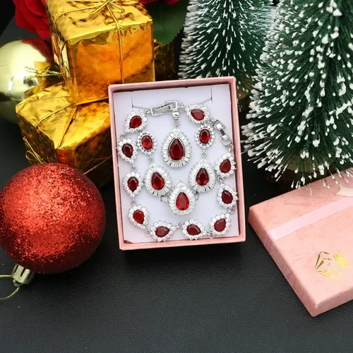 Vista 4 de GZWHD Juego de joyas brillantes para mujer, collar de lágrima, pulsera de anillo abierto, joyería de boda para novia y damas de honor, día de San