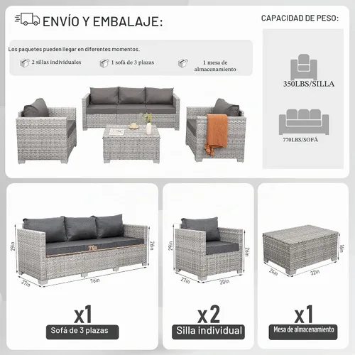 Vista 3 de WAROOM Juego de muebles de patio de 4 piezas para conversación de mimbre para exteriores, sofá seccional de ratán PE con mesa de almacenamiento Gris