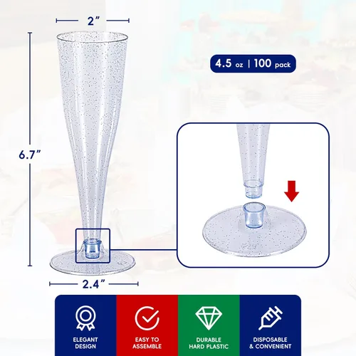 Vista 2 de JOLLY CHEF Paquete de 100 flautas de champán de plástico desechables de 4.5 oz, copas de champán de plástico con purpurina azul, adecuadas