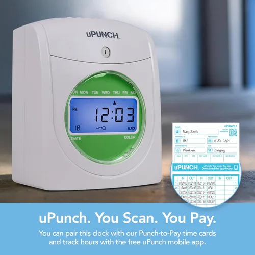 Vista 3 de uPunch HN1500, paquete inicial de reloj registrador para pequeñas empresas: sistema de reloj de punzonado para empleados con 100 tarjetas, estante