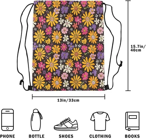 Vista 5 de jejeloiu Groovy Flower Gym String Bag 13"x15.7" Retro Floral Boho Drawstring Backpack for Decor 70S Hippie Flowers Bohemian Drawstring Bags Garden