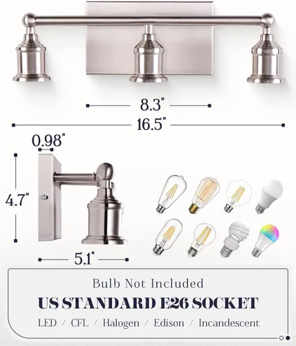 Vista 5 de Lámpara de tocador de 3 luces, moderna lámpara de pared de níquel cepillado, iluminación industrial de pared de tocador de baño para espejo, base