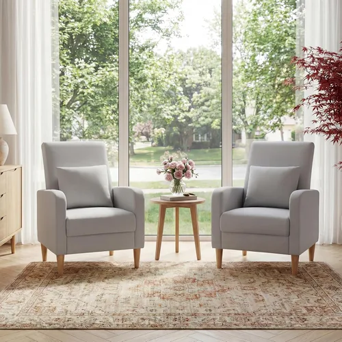 Vista 7 de COLAMY Mid-Century - Silla decorativa tapizada moderna con almohada trasera y patas de madera maciza, sillón acogedor de tela para sala de estar