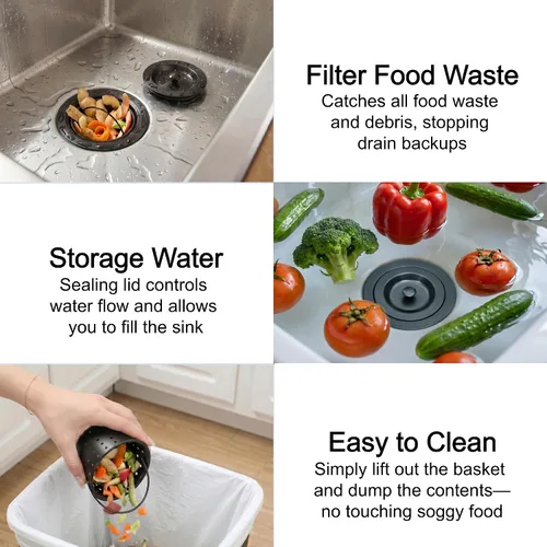 Vista 5 de LQS Conjunto de drenaje para fregadero de cocina, colador de fregadero de cocina con cesta de basura extraíble profunda, colador de cesta de Negro