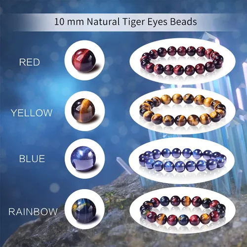 Vista 2 de Pulsera de piedras preciosas naturales de cuentas de 0.394 pulgadas Pulsera de ojos de tigre rojo Cristal curativo elástico para yoga, joyería