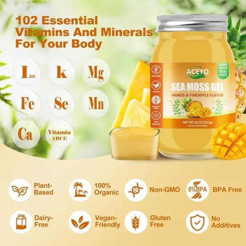 Vista 3 de ACEYO Gel de musgo marino irlandés (18 onzas) crudo vegano mango sabor piña 102 vitaminas y minerales cosechados en la naturaleza sin OMG