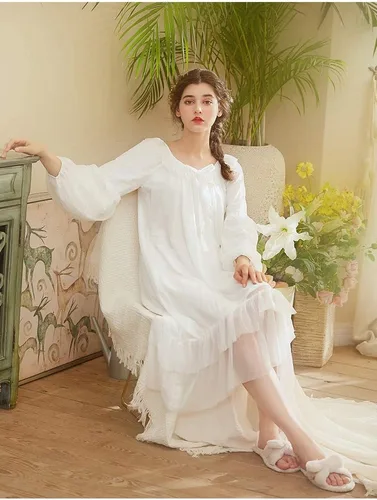 Vista 2 de Camisón de algodón estilo princesa victoriana para mujer, ropa de dormir vintage