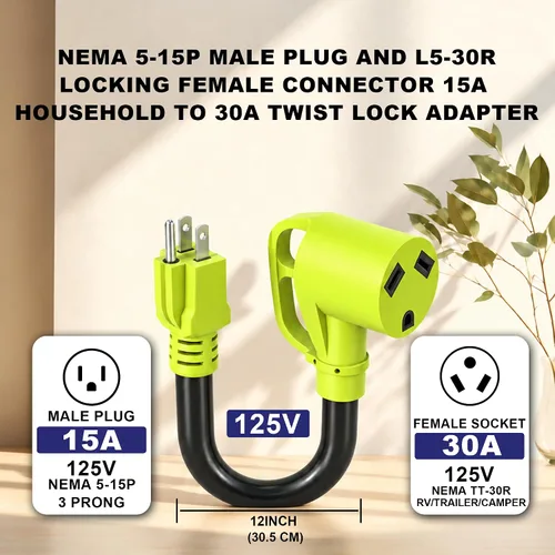 Vista 2 de Adaptador de enchufe RV de 15 amperios a 30 amperios, cable NEMA 5-15P a TT-30R, adaptador de corriente Dogbone de 12 pulgadas con cable STW de 10