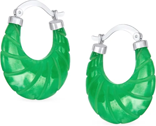 Vista 2 de Aretes de aro de jade verde claro con piedras preciosas auténticas, redondas, de bambú, para mujer, chapado en oro de 14 quilates, plata de ley .925