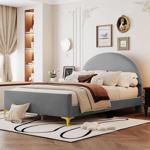 Vista 11 de Cama de plataforma tapizada de tamaño individual con cabecero en forma de oso y rayas de luz incrustadas, bonito marco de cama de plataforma