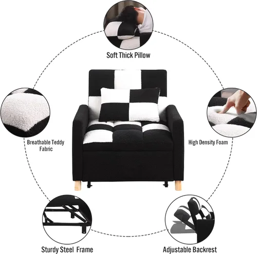 Vista 2 de Sofá cama convertible 3 en 1, silla convertible multifuncional, tela de peluche suave para sala de estar, apartamento, oficina Negro&blanco