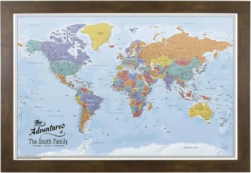 Vista 21 de Póster personalizado en lienzo enrollado con mapa del mundo, arte de pared con chinchetas – Grande 24" x 36" mapa del mundo de océanos azules