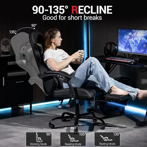 Vista 6 de Silla de juegos con reposapiés para adultos, silla de videojuegos de carreras de piel sintética, con soporte lumbar, para hombres y mujeres, silla