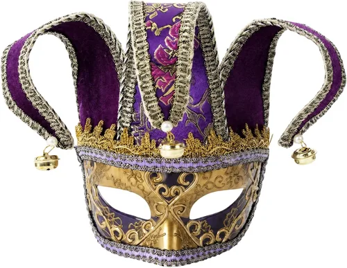 Vista 9 de Zinniday Máscara veneciana de bufón para mascarada, máscaras de comedia Oro y rojo