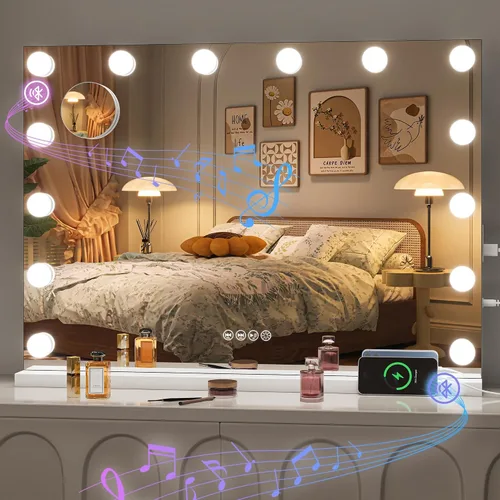 Vista 2 de Hasipu Espejo de tocador Hollywood de vidrio templado de 29 x 20.01 pulgadas con luces, altavoz Bluetooth, espejo de maquillaje con luces, 14